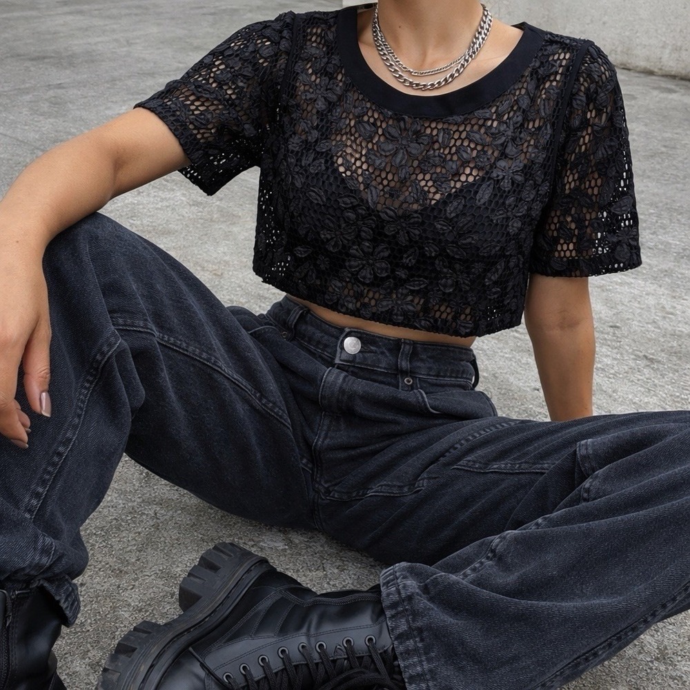 Love Culture Size S/M Boxy Floral Mesh Cropped Top Fairy Grunge Black Cute Goth